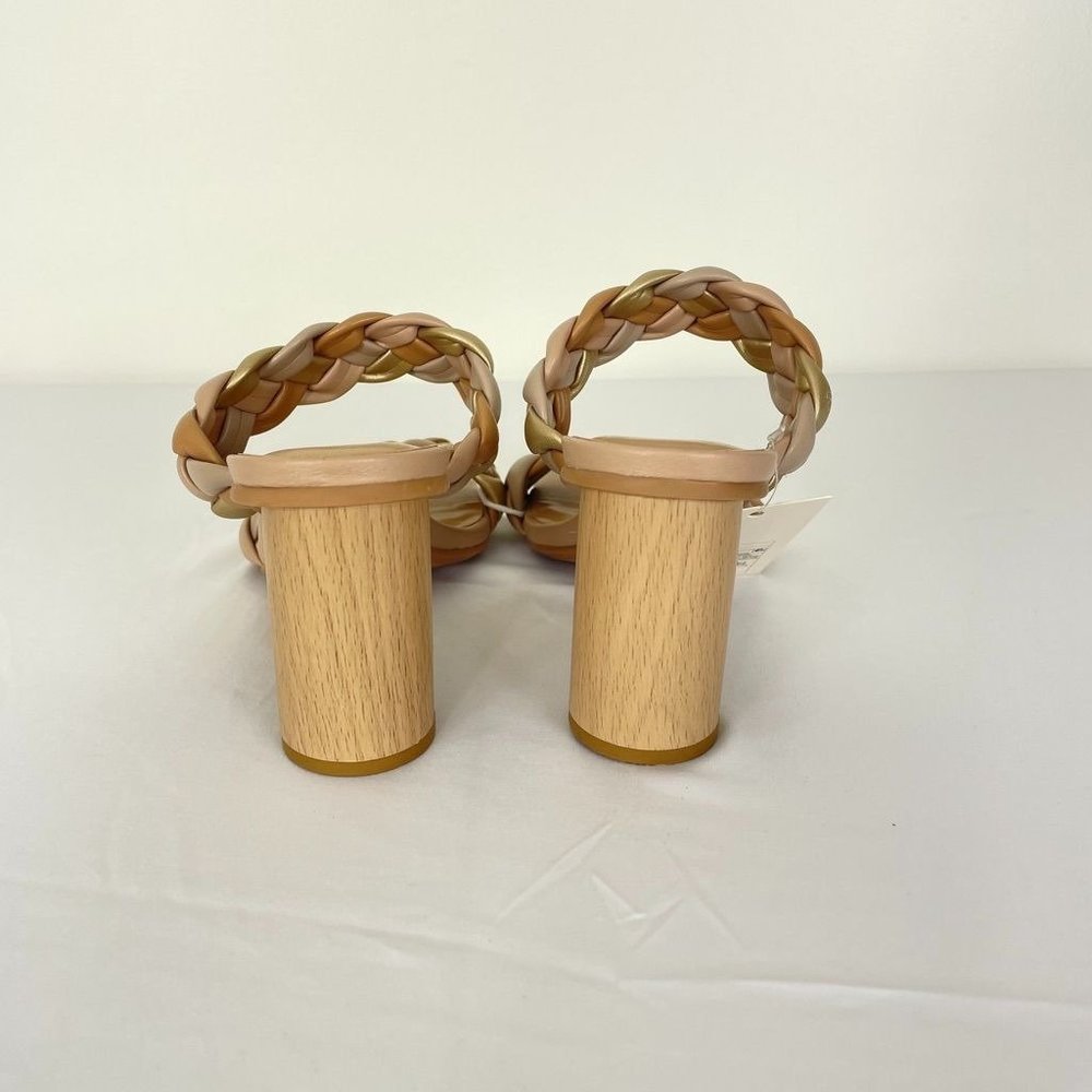 A New Day Womens Heels 7.5 Woven Sandals Tan Metallic Basil Heeled Two Bands New - Picture 6 of 10